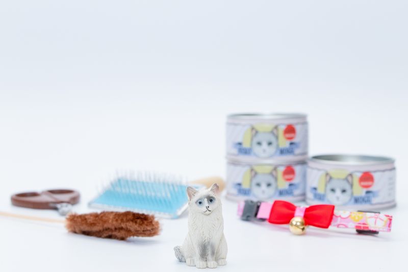 猫の世話に必要な道具やペット用のおもちゃ
