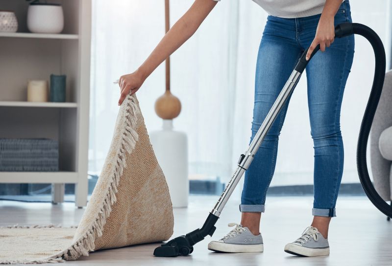 カーペットをめくって掃除をかける女性